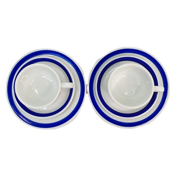 Crate Barrel Cobalt Blue Band Cup Saucer Dessert Plate Breakfast Set 2 Bistro - Picture 5 of 10